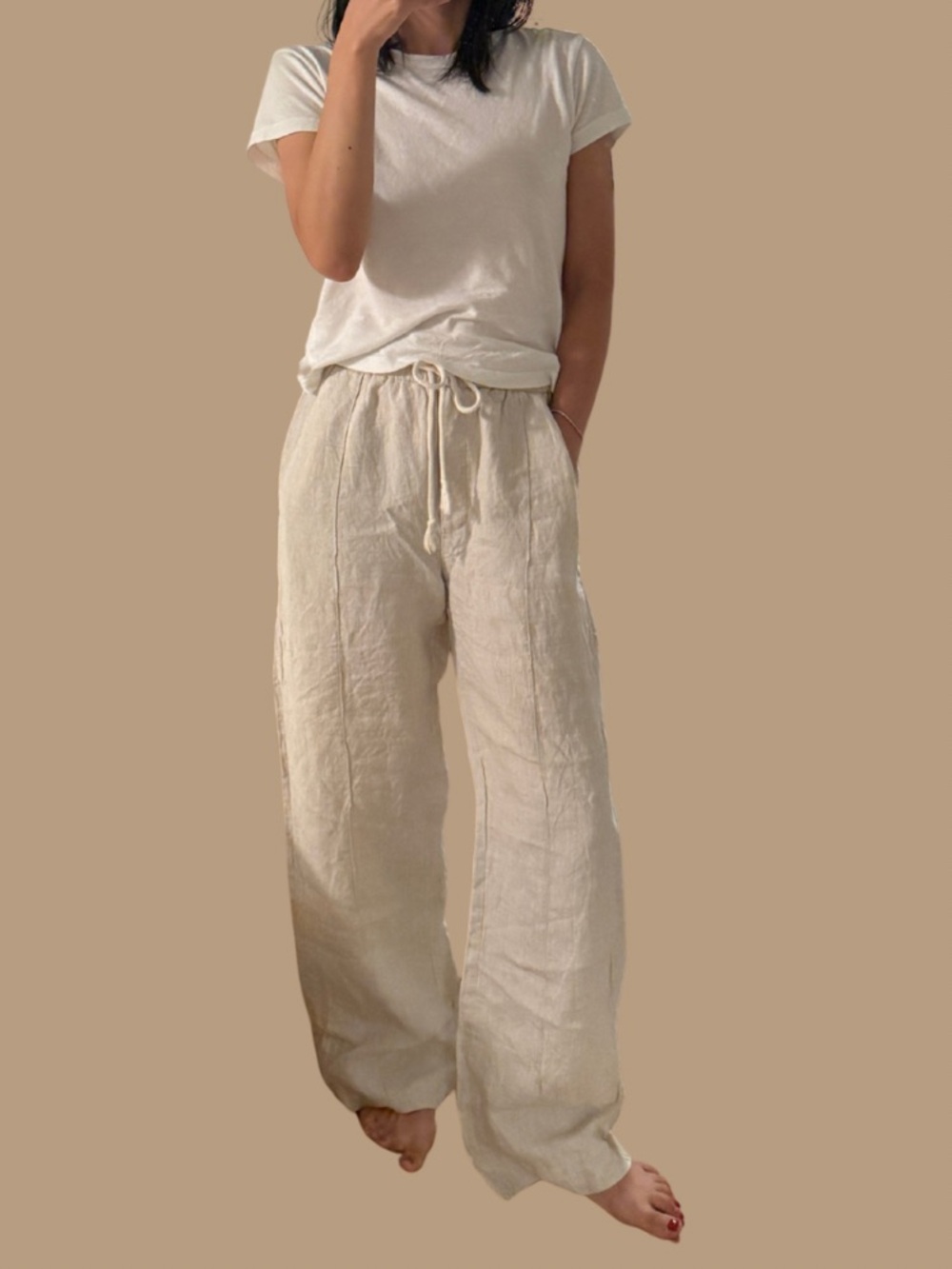 Zara Light Beige Drawstring Linen straight leg wide pants